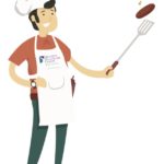 Clip art image of man in apron and chef hat flipping hamburger
